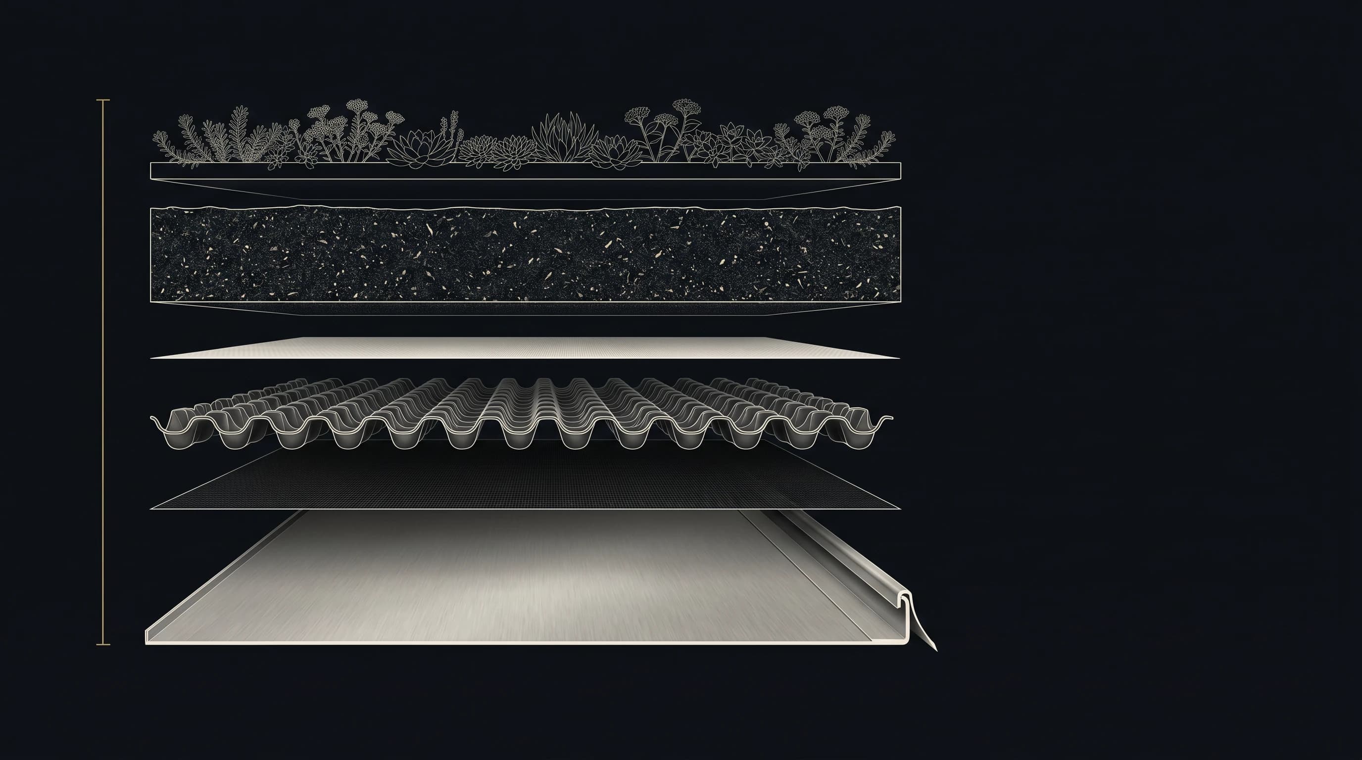 Exploded-view animation of a Riverclack trafficable green roof — six layers floating apart with HTML annotations identifying each layer, slow cinematic motion as warm-brass light sweeps from bottom to top