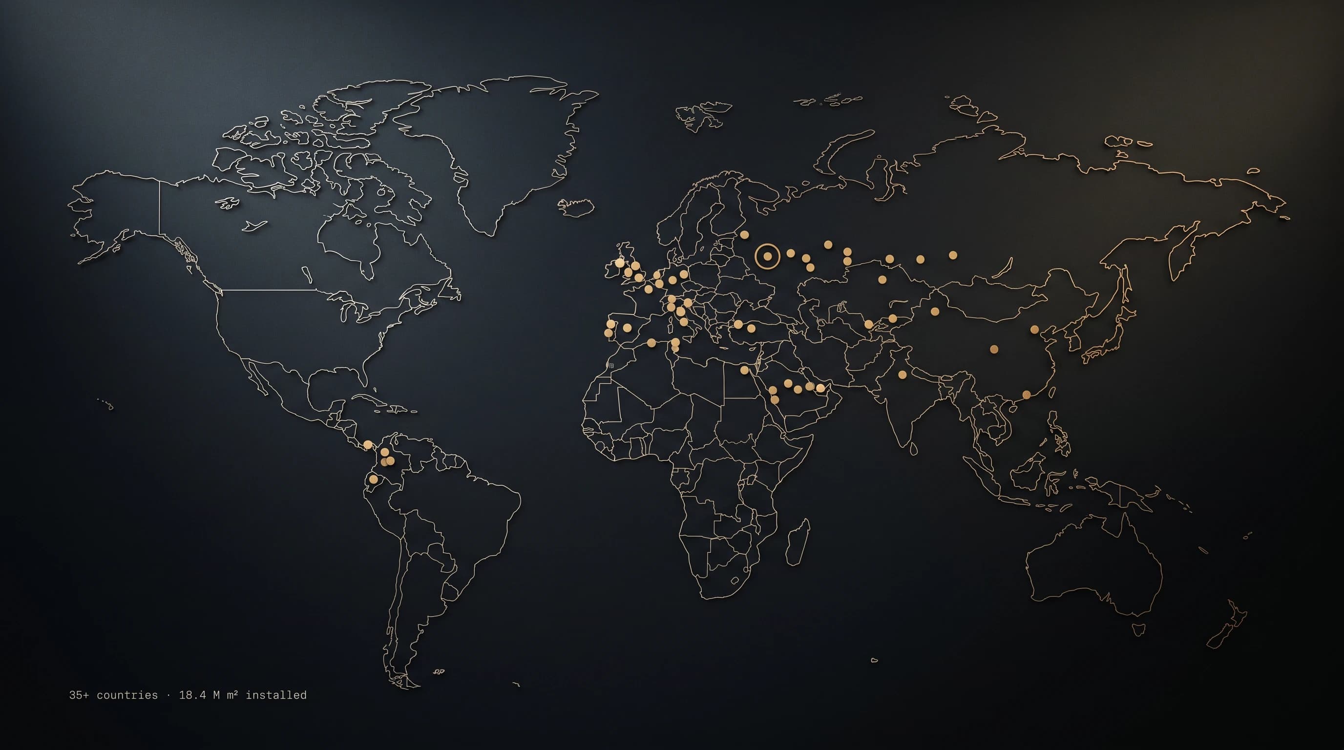 World map of Riverclack reference projects across 35+ countries, with the Türkiye flagship in İzmir ringed in brass