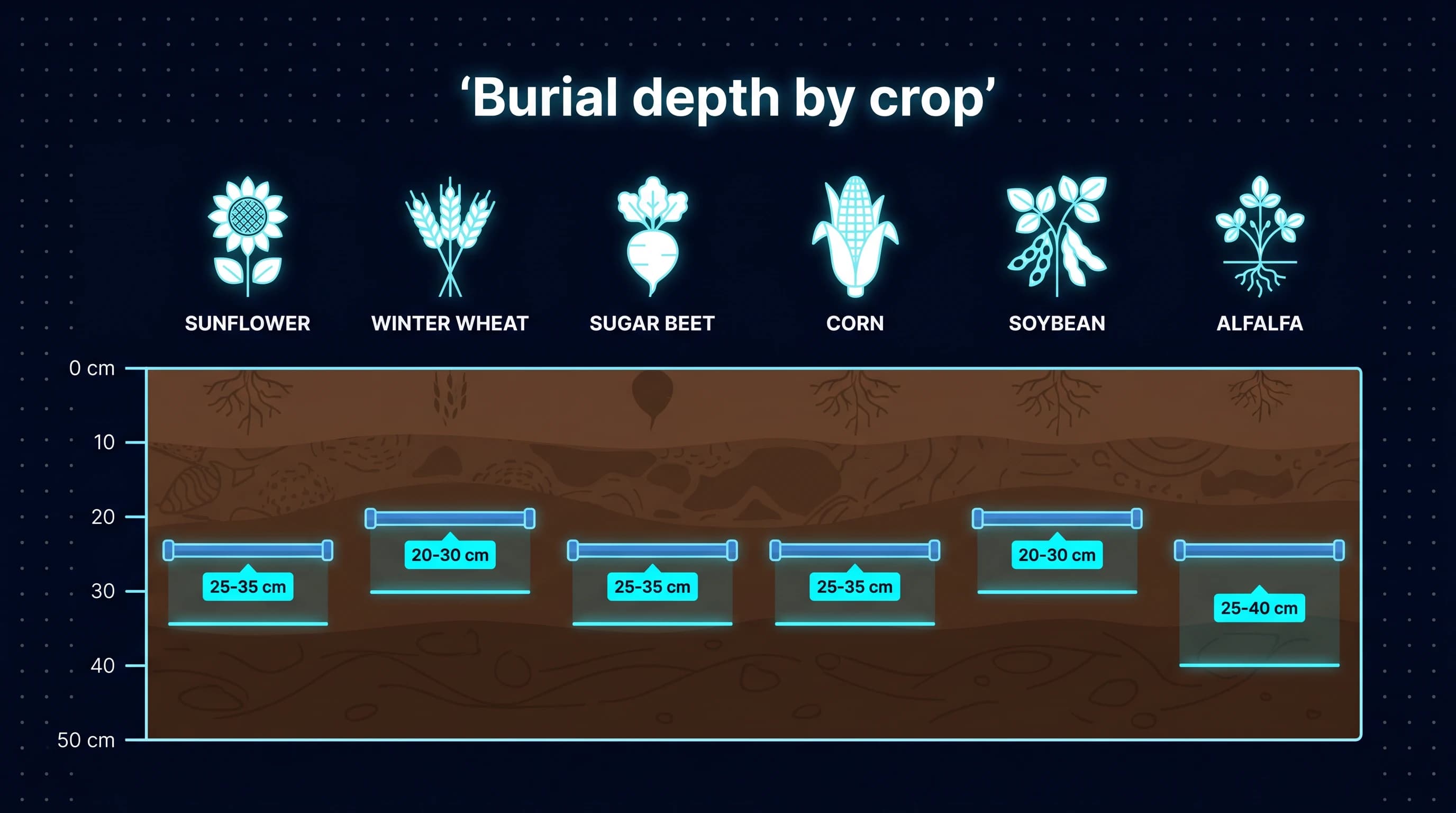 Burial depth by crop — soil cross-section